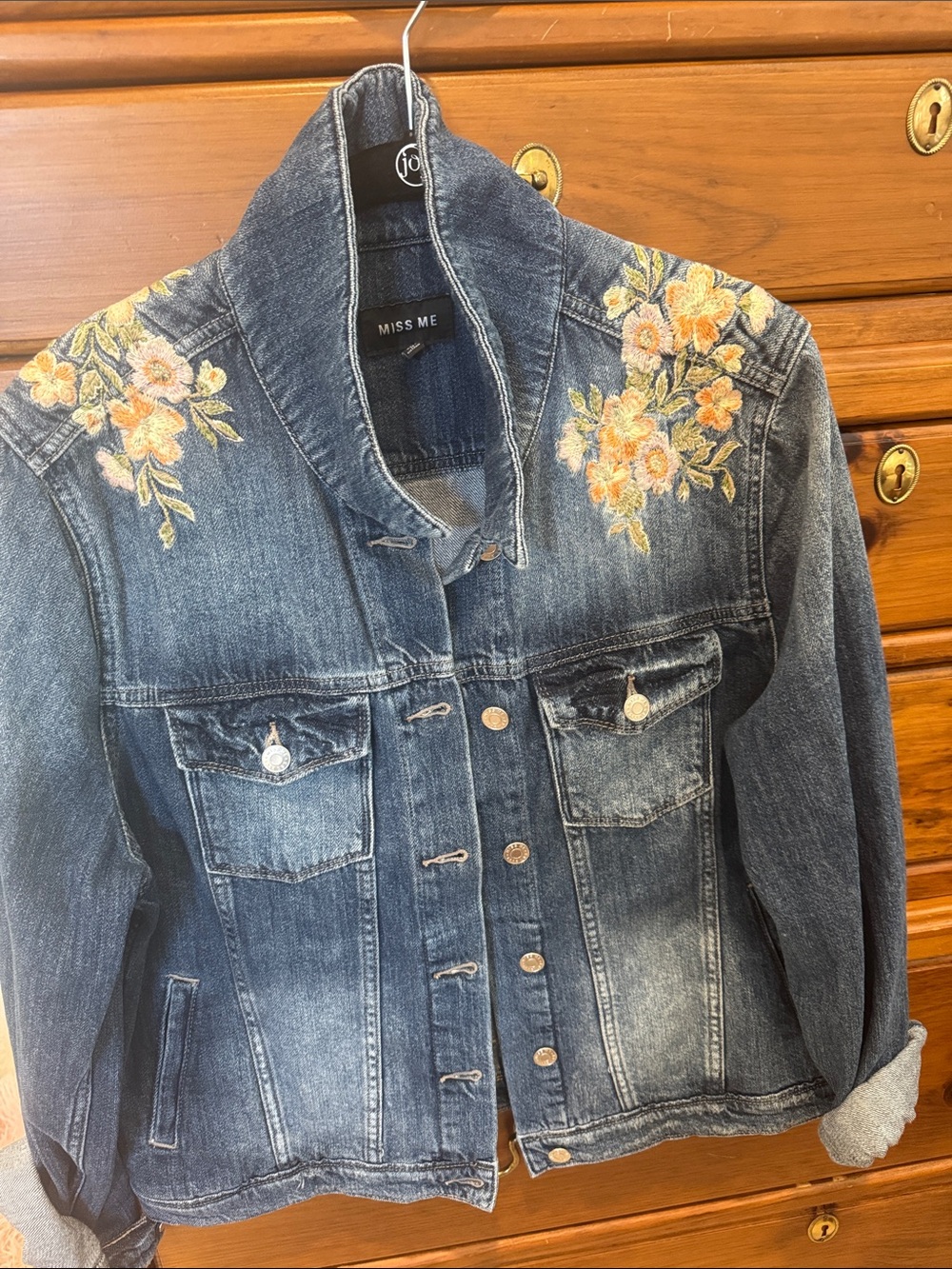 NEVER WORN..Miss Me Blue Denim Jacket with Yellow & Peach Floral Embroidery